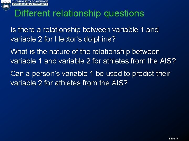 Different relationship questions Is there a relationship between variable 1 and variable 2 for