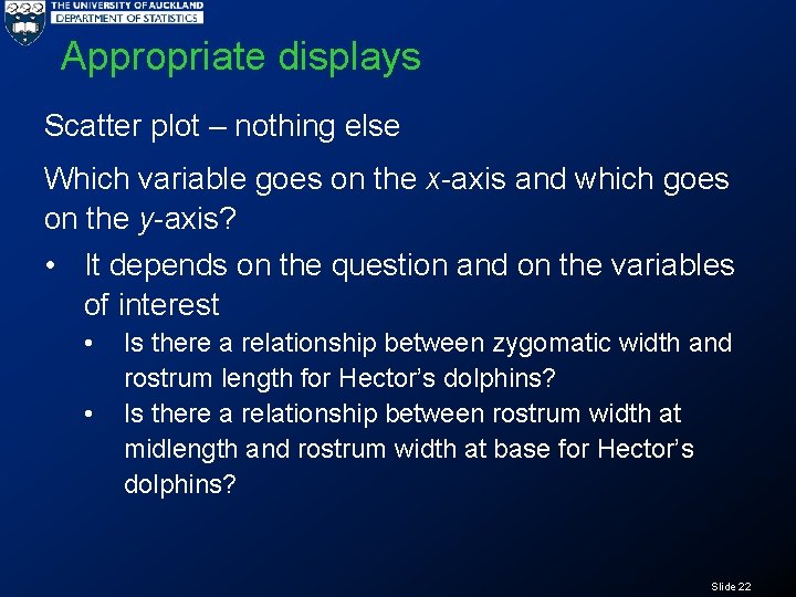 Appropriate displays Scatter plot – nothing else Which variable goes on the x-axis and