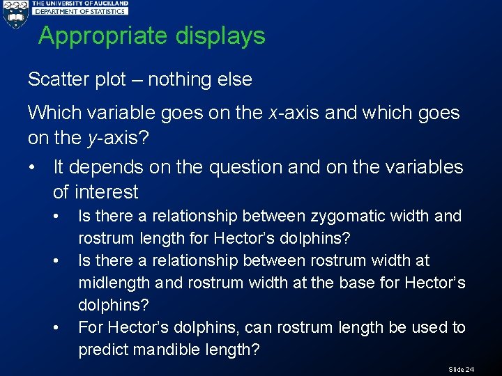 Appropriate displays Scatter plot – nothing else Which variable goes on the x-axis and