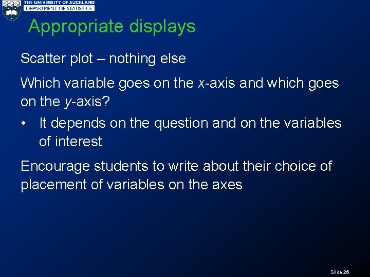 Appropriate displays Scatter plot – nothing else Which variable goes on the x-axis and