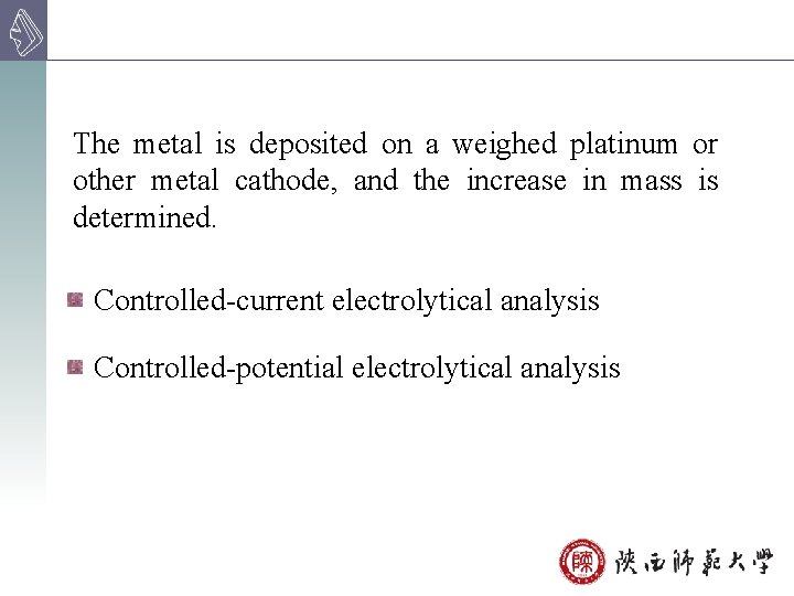 The metal is deposited on a weighed platinum or other metal cathode, and the