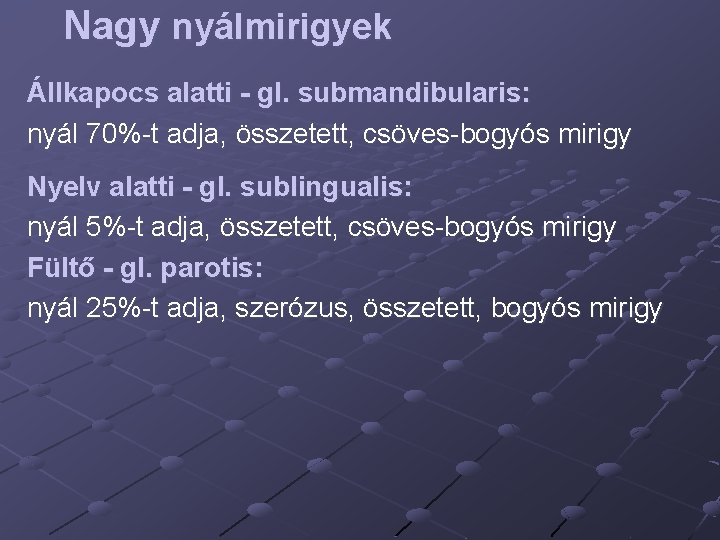 Nagy nyálmirigyek Állkapocs alatti - gl. submandibularis: nyál 70%-t adja, összetett, csöves-bogyós mirigy Nyelv