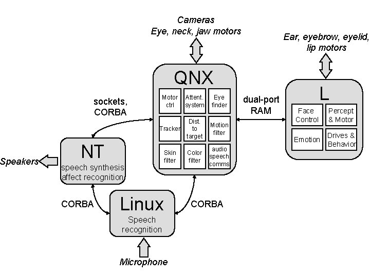 Speakers Cameras Eye, neck, jaw motors Ear, eyebrow, eyelid, lip motors QNX sockets, CORBA