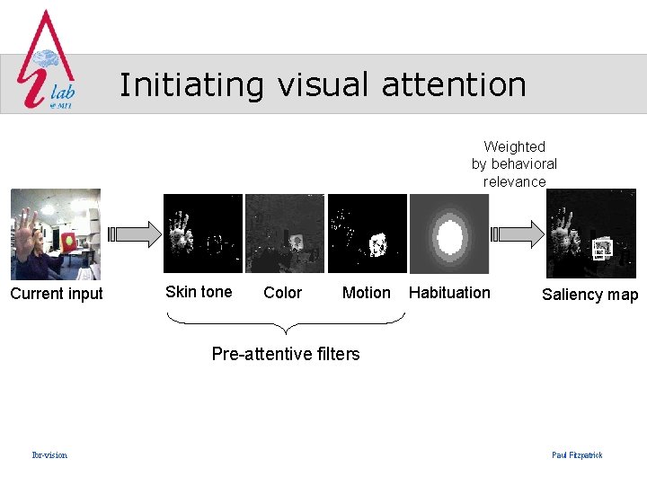 Initiating visual attention Weighted by behavioral relevance Current input Skin tone Color Motion Habituation