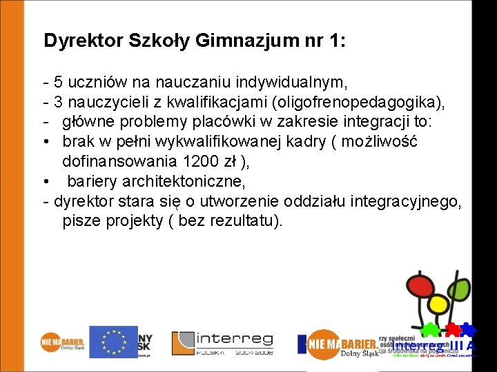 Animatorzy społeczni na rzecz osób niepełnosprawnych – aktywizacja środowiska nanr pograniczu Dyrektor Szkoły Gimnazjum
