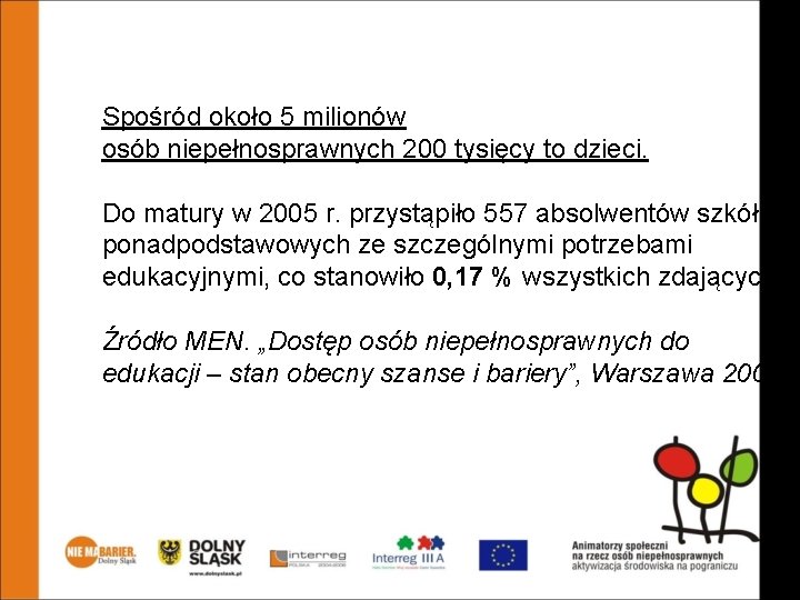 Spośród około 5 milionów osób niepełnosprawnych 200 tysięcy to dzieci. Do matury w 2005