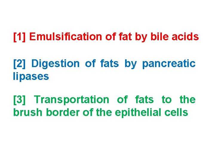 [1] Emulsification of fat by bile acids [2] Digestion of fats by pancreatic lipases