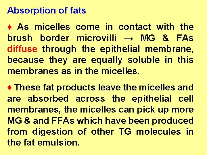 Absorption of fats ♦ As micelles come in contact with the brush border microvilli