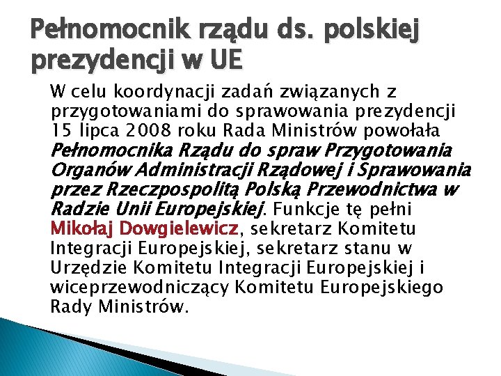 Pełnomocnik rządu ds. polskiej prezydencji w UE W celu koordynacji zadań związanych z przygotowaniami