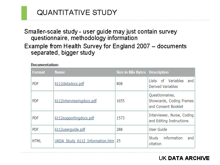 QUANTITATIVE STUDY ………………………………………………………………. . Smaller-scale study - user guide may just contain survey questionnaire,