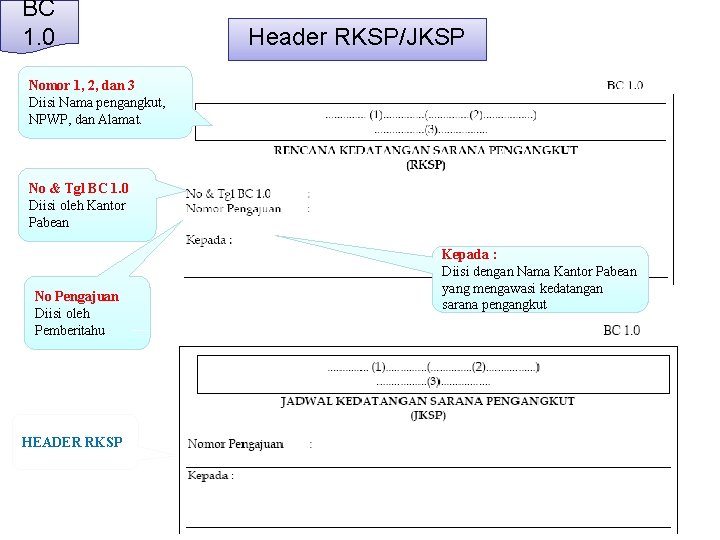 BC 1. 0 Header RKSP/JKSP Nomor 1, 2, dan 3 Diisi Nama pengangkut, NPWP,