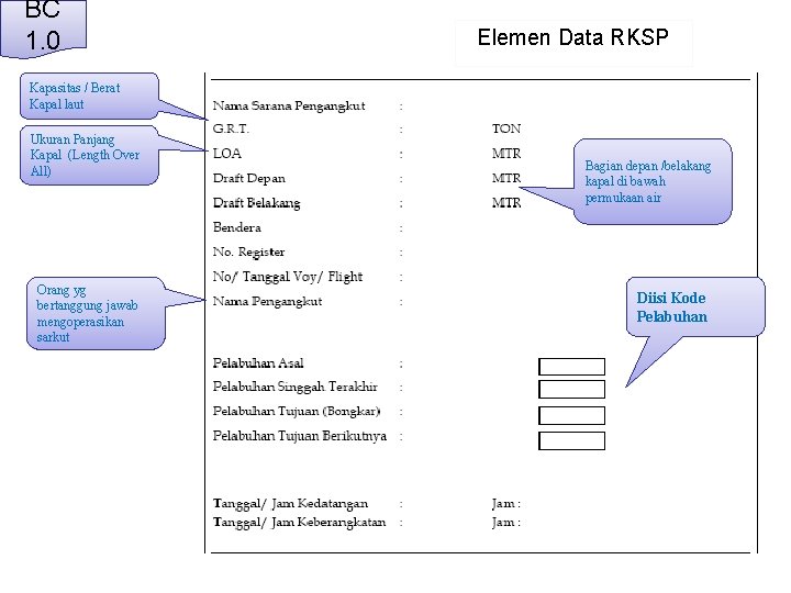 BC 1. 0 Elemen Data RKSP Kapasitas / Berat Kapal laut Ukuran Panjang Kapal