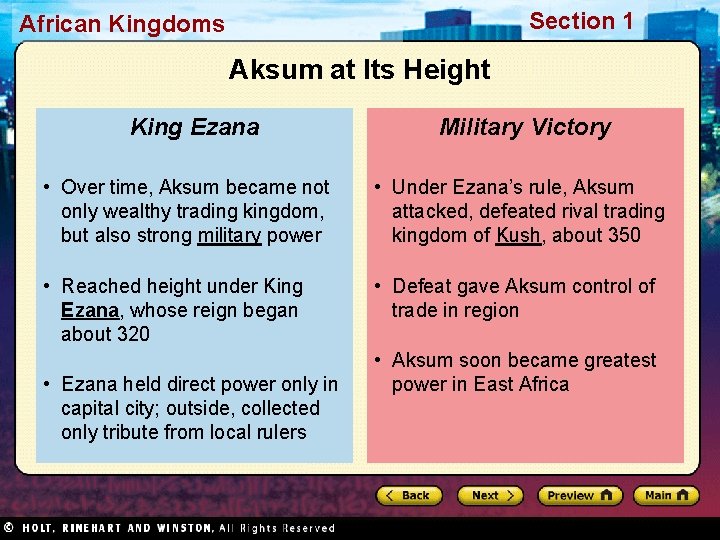 Section 1 African Kingdoms Aksum at Its Height King Ezana Military Victory • Over