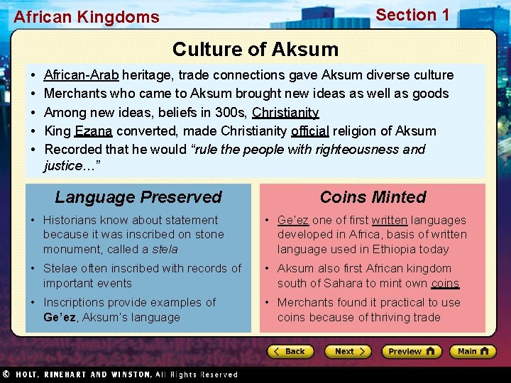 Section 1 African Kingdoms Culture of Aksum • • • African-Arab heritage, trade connections