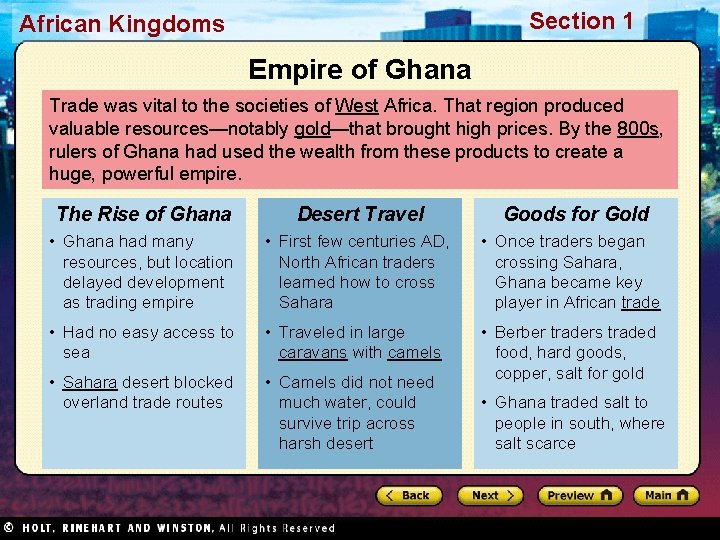 Section 1 African Kingdoms Empire of Ghana Trade was vital to the societies of