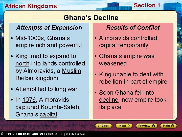 Section 1 African Kingdoms Ghana’s Decline Attempts at Expansion Results of Conflict • Mid-1000