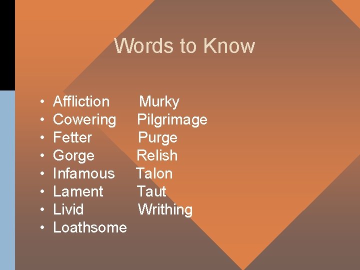 Words to Know • • Affliction Cowering Fetter Gorge Infamous Lament Livid Loathsome Murky