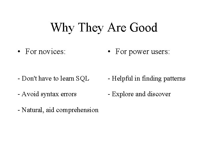 Why They Are Good • For novices: • For power users: - Don't have
