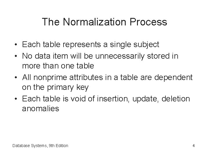 The Normalization Process • Each table represents a single subject • No data item The Normalization Process • Each table represents a single subject • No data item