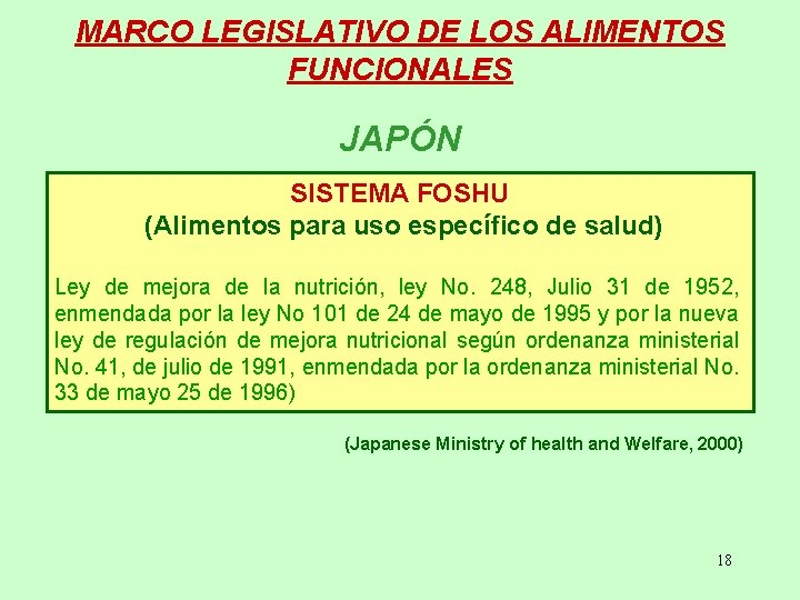 MARCO LEGISLATIVO DE LOS ALIMENTOS FUNCIONALES JAPÓN SISTEMA FOSHU (Alimentos para uso específico de