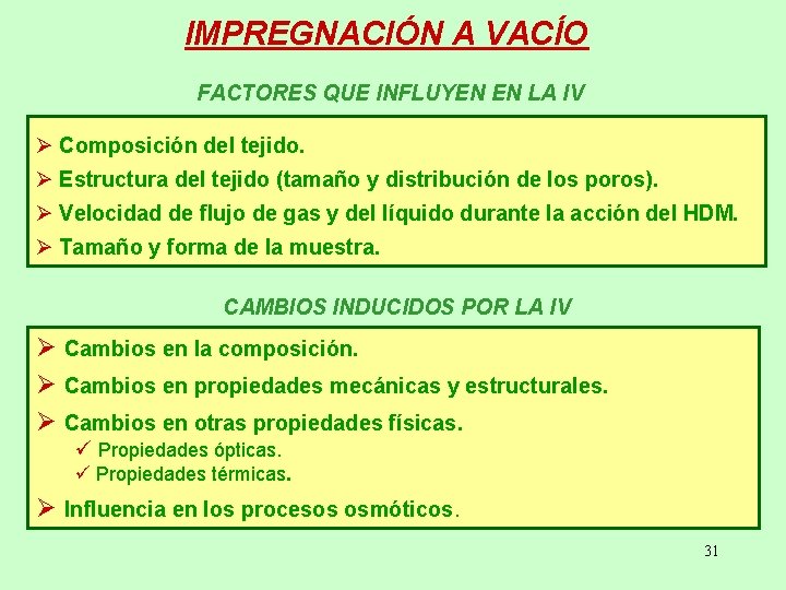 IMPREGNACIÓN A VACÍO FACTORES QUE INFLUYEN EN LA IV Ø Composición del tejido. Ø