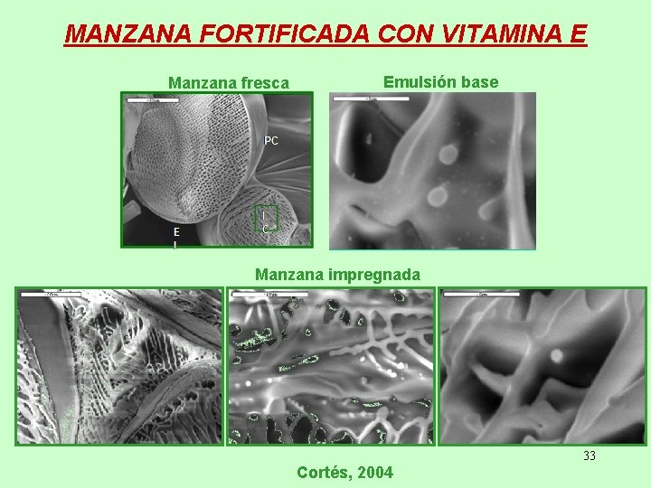 MANZANA FORTIFICADA CON VITAMINA E Manzana fresca Emulsión base Manzana impregnada 33 Cortés, 2004