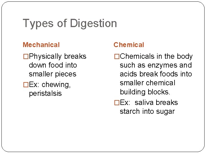 Types of Digestion Mechanical Chemical �Physically breaks �Chemicals in the body down food into
