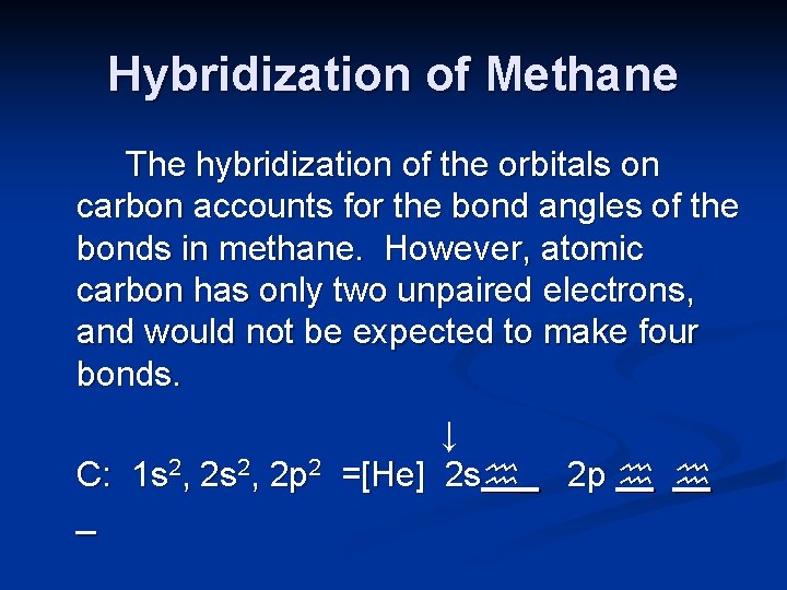 Hybridization of Methane The hybridization of the orbitals on carbon accounts for the bond