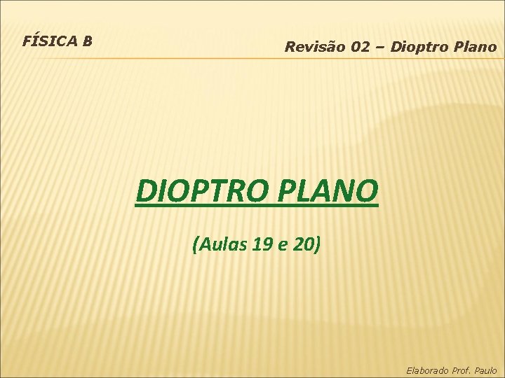 FÍSICA B Revisão 02 – Dioptro Plano DIOPTRO PLANO (Aulas 19 e 20) Elaborado