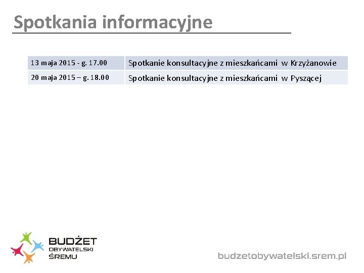 Spotkania informacyjne 13 maja 2015 - g. 17. 00 Spotkanie konsultacyjne z mieszkańcami w