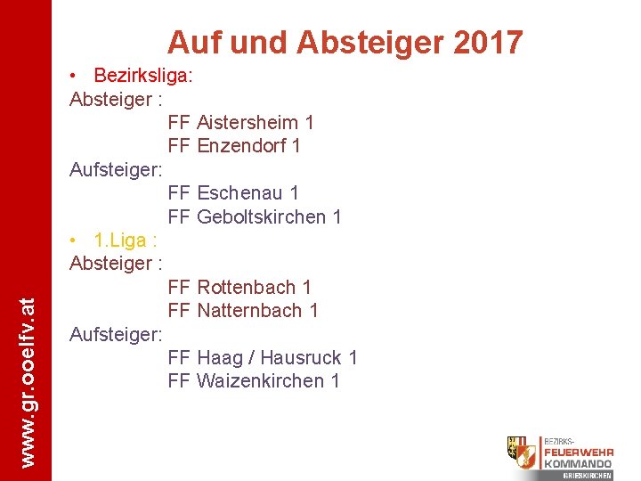 www. gr. ooelfv. at Auf und Absteiger 2017 • Bezirksliga: Absteiger : FF Aistersheim