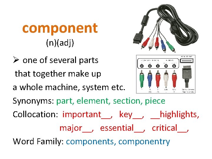 component (n)(adj) Ø one of several parts that together make up a whole machine,