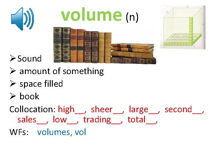 volume (n) Ø Sound Ø amount of something Ø space filled Ø book Collocation: