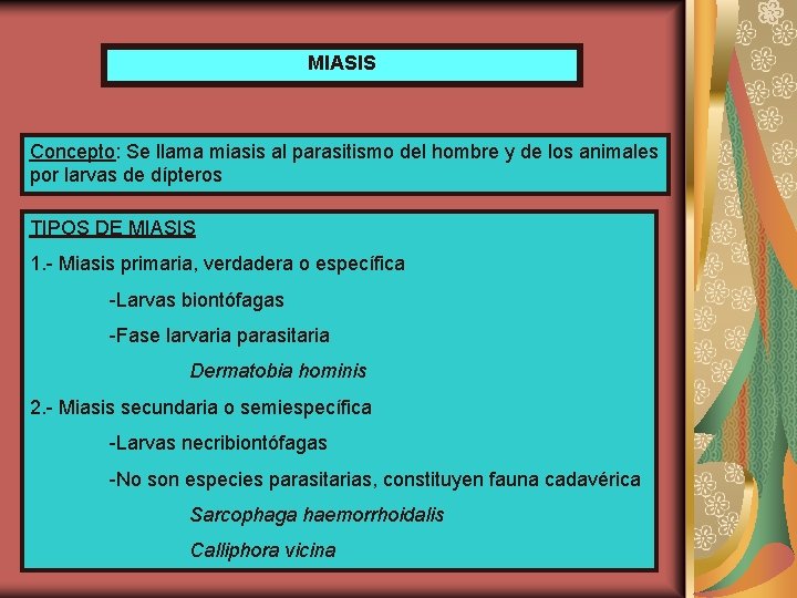 MIASIS Concepto: Se llama miasis al parasitismo del hombre y de los animales por