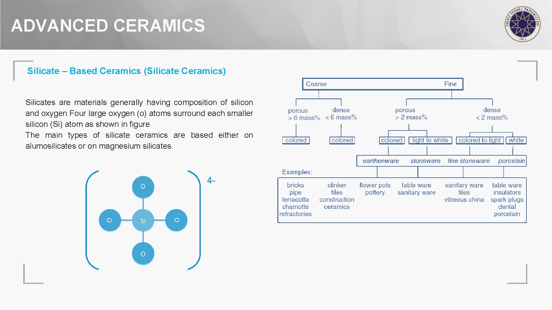 ADVANCED CERAMICS Silicate – Based Ceramics (Silicate Ceramics) Silicates are materials generally having composition