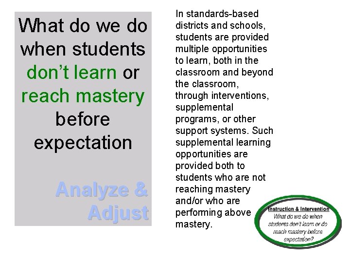 What do we do when students don’t learn or reach mastery before expectation Analyze