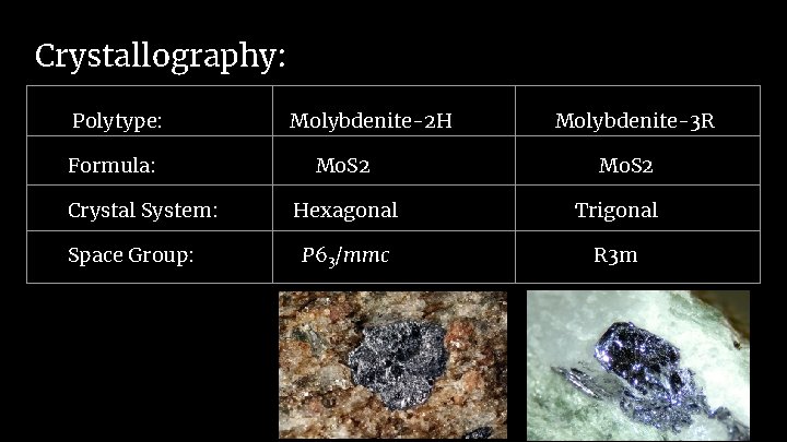 Crystallography: Polytype: Formula: Crystal System: Space Group: Molybdenite-2 H Mo. S 2 Molybdenite-3 R