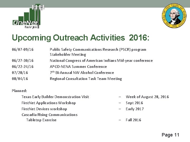 Upcoming Outreach Activities 2016: 06/07 -09/16 06/27 -30/16 06/22 -24/16 07/28/16 08/04/16 Public Safety