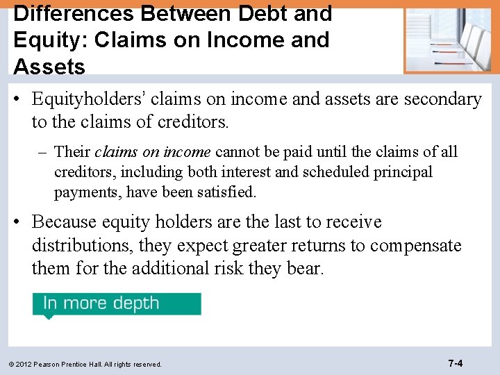 Differences Between Debt and Equity: Claims on Income and Assets • Equityholders’ claims on
