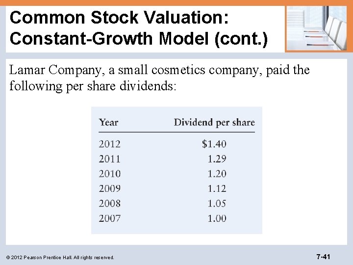 Common Stock Valuation: Constant-Growth Model (cont. ) Lamar Company, a small cosmetics company, paid