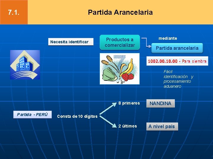 7. 1. Partida Arancelaria Necesita identificar Productos a comercializar mediante Partida arancelaria Fácil identificación