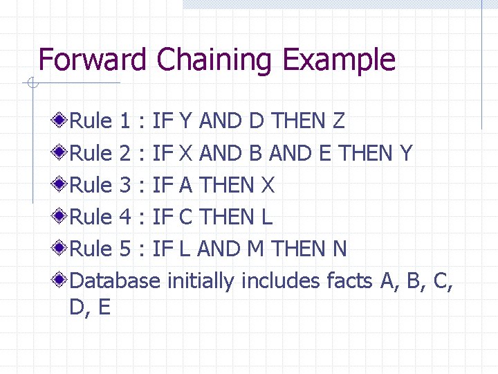 Forward Chaining Example Rule 1 : IF Y AND D THEN Z Rule 2