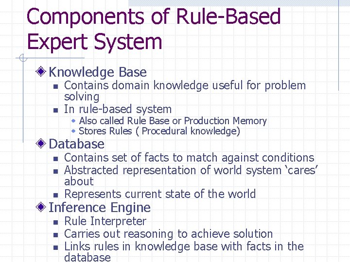 Components of Rule-Based Expert System Knowledge Base n n Contains domain knowledge useful for