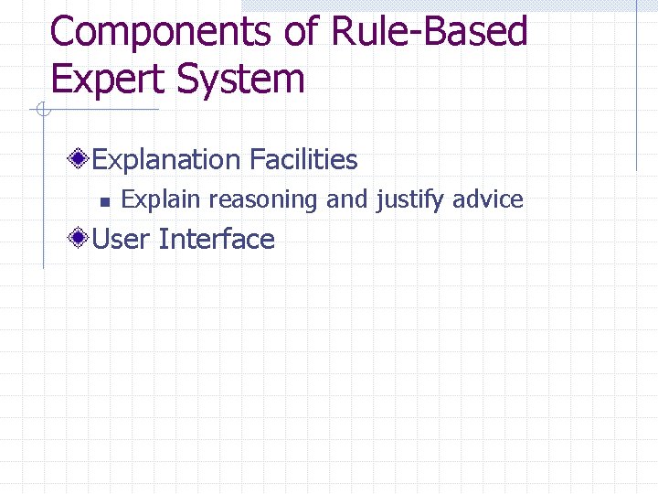 Components of Rule-Based Expert System Explanation Facilities n Explain reasoning and justify advice User