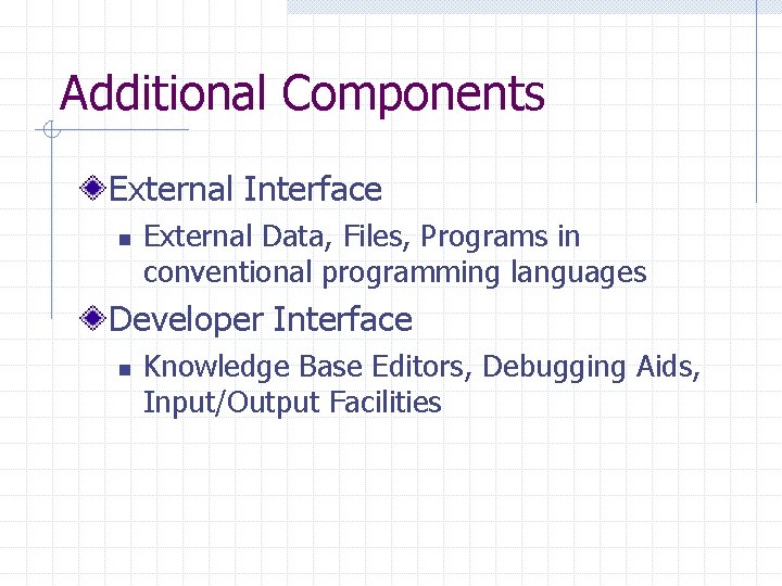 Additional Components External Interface n External Data, Files, Programs in conventional programming languages Developer