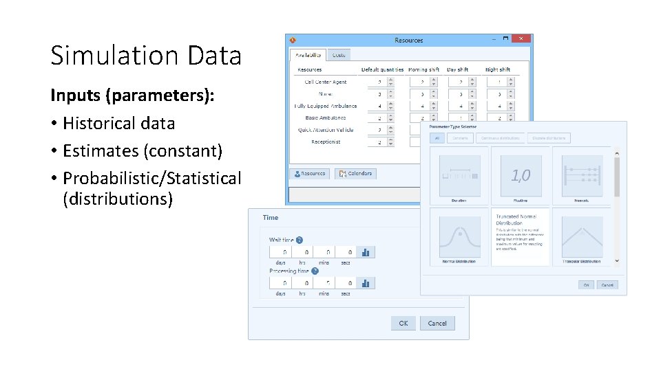 Simulation Data Inputs (parameters): • Historical data • Estimates (constant) • Probabilistic/Statistical (distributions) 