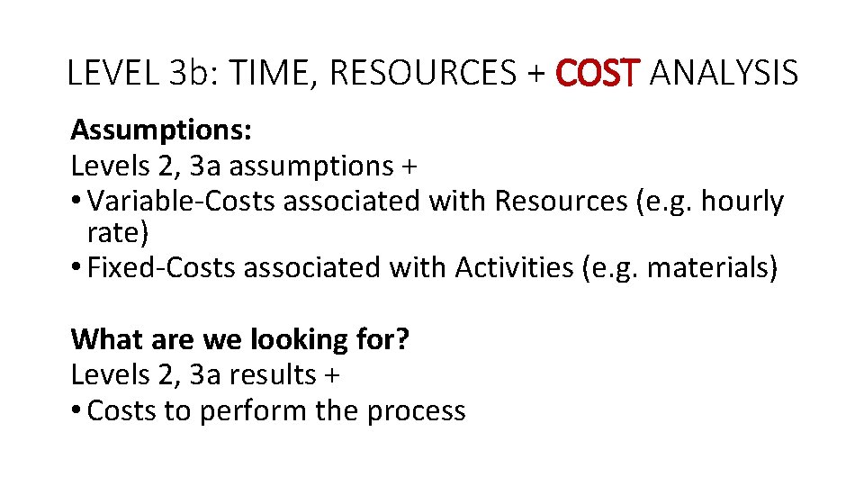 LEVEL 3 b: TIME, RESOURCES + COST ANALYSIS Assumptions: Levels 2, 3 a assumptions