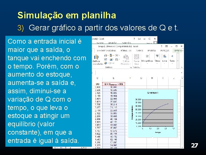 Simulação em planilha 3) Gerar gráfico a partir dos valores de Q e t.