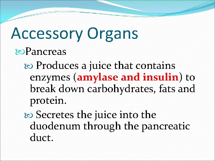 Accessory Organs Pancreas Produces a juice that contains enzymes (amylase and insulin) to break