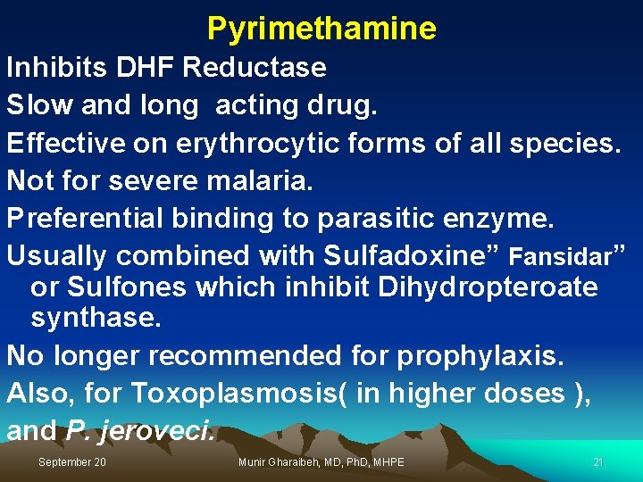 Pyrimethamine Inhibits DHF Reductase Slow and long acting drug. Effective on erythrocytic forms of